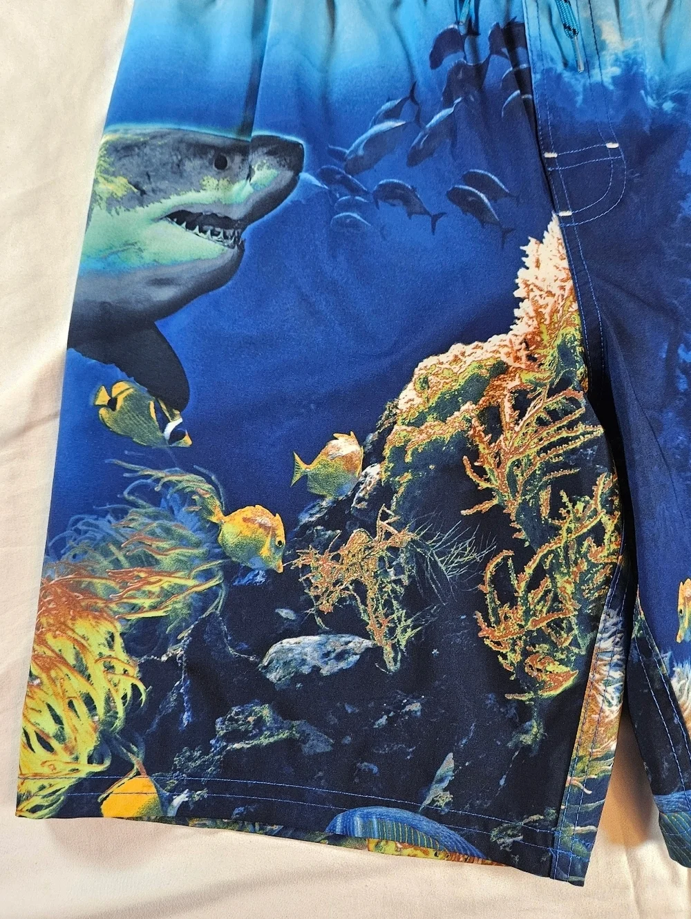 Wonder Nation Boys Shark Ocean Scene Drawstring Waist Swim Trunks Size XL 14/16